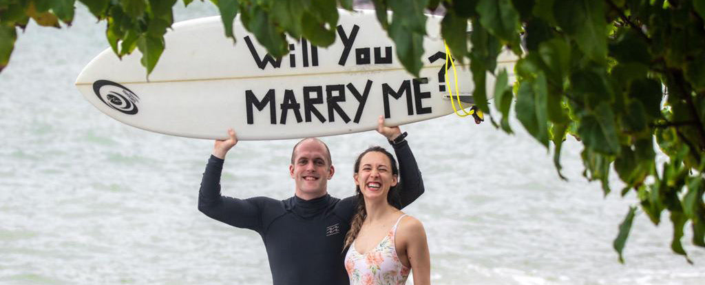 Wave engagement ring for Ellen & Tim - 'will you marry me?' taped on surf board. She said 'yes!'