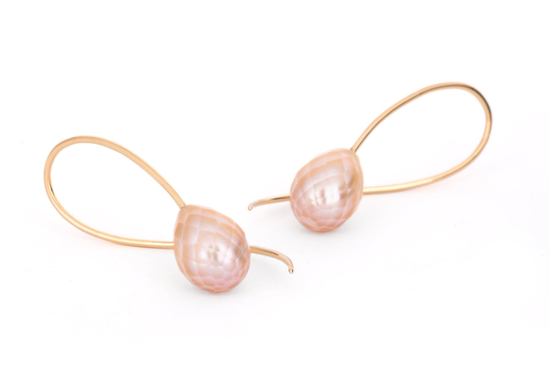 18 carat gold and faceted pink freshwater pearl drop earrings