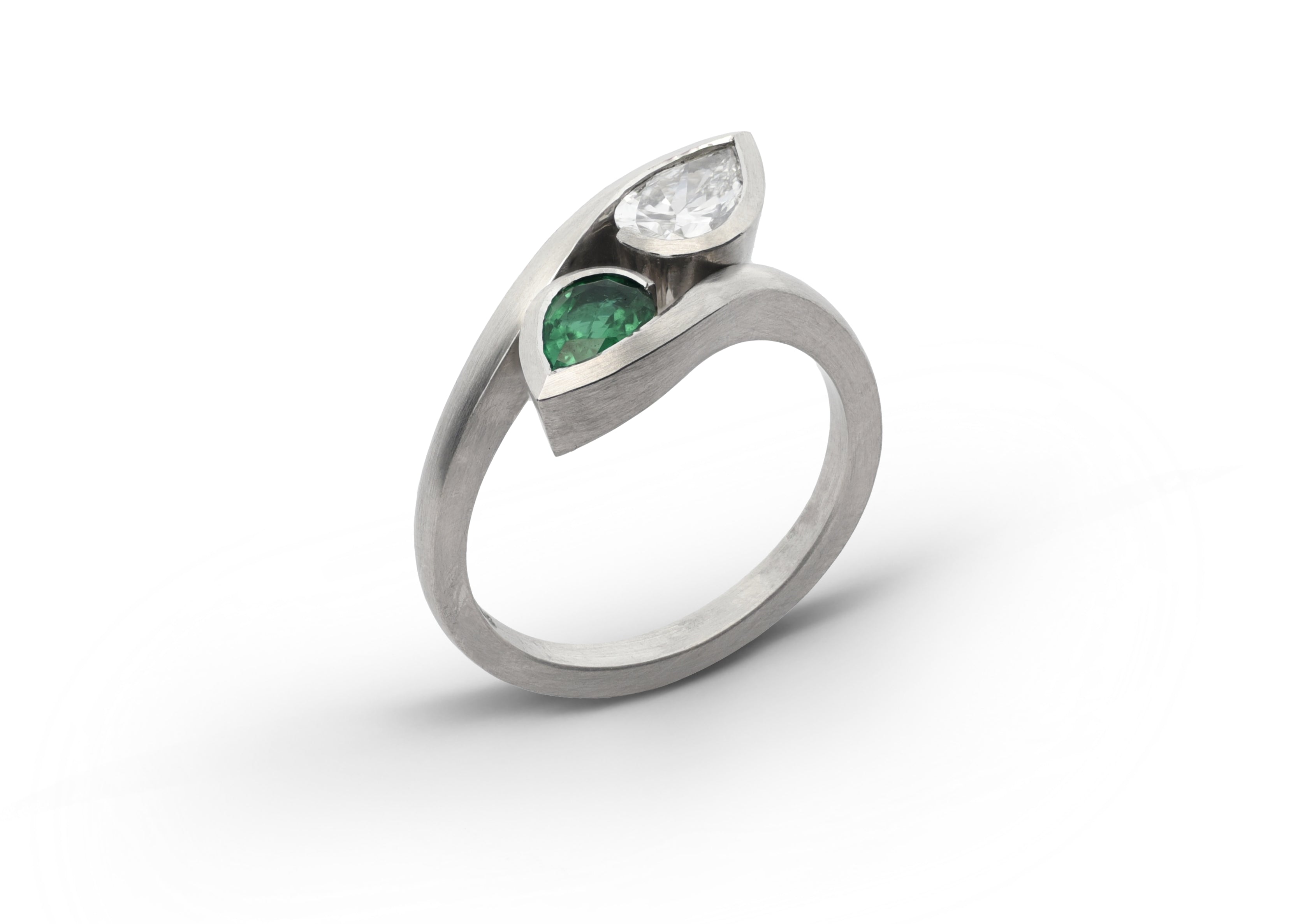 Platinum Diamond and Emerald Moi Et Toi Wave Engagement Ring