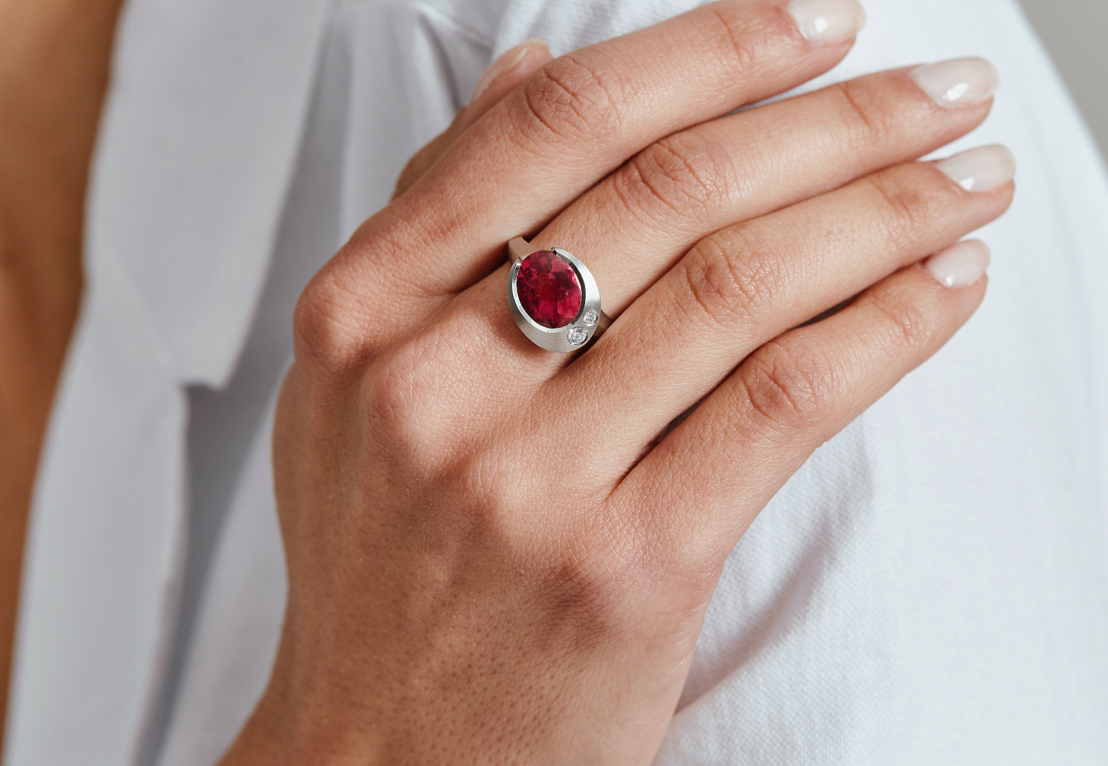 Arris carved platinum cocktail ring with rubellite tourmaline and diamonds-McCaul