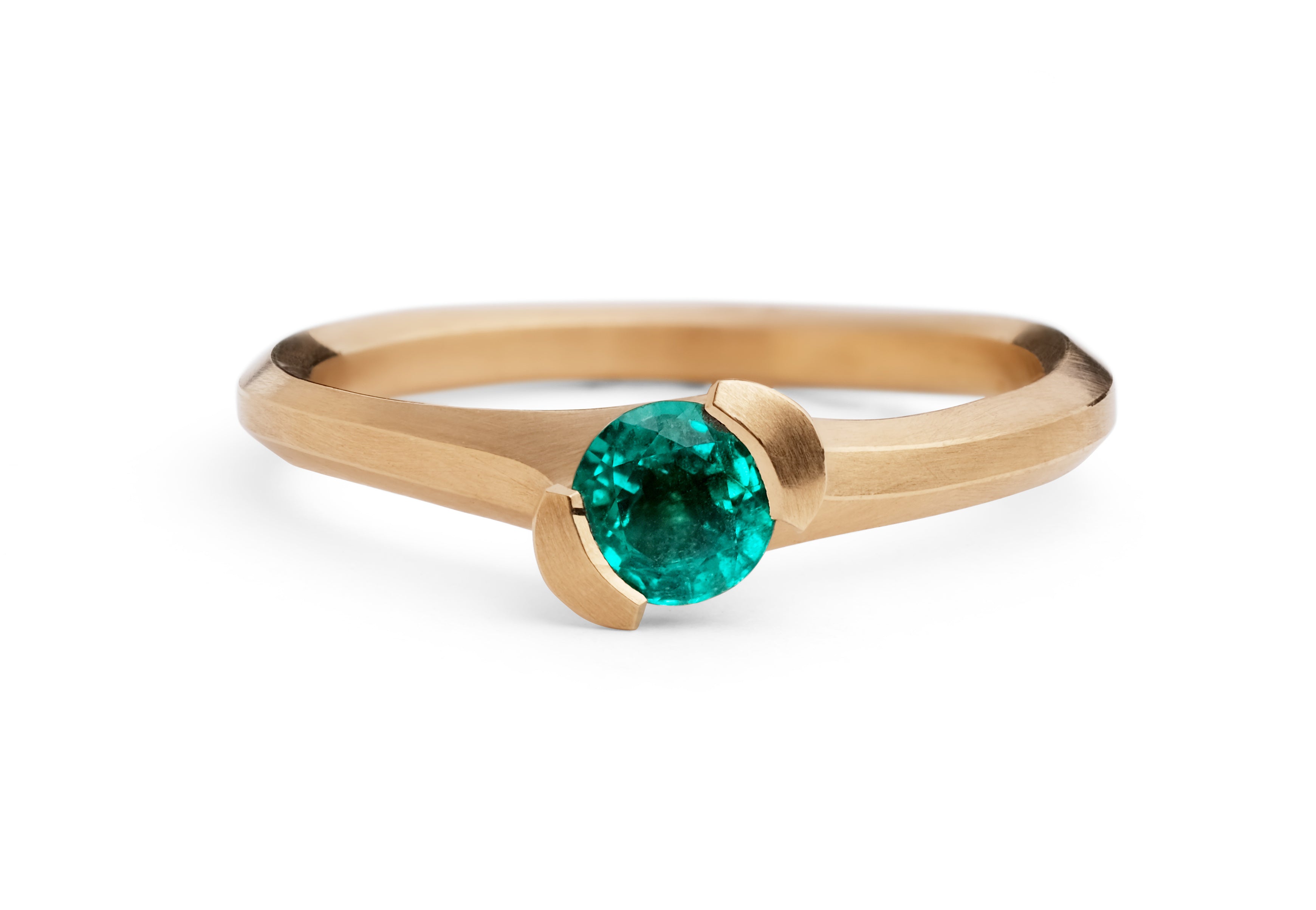 Hand carved asymmetrical rose gold arris ring with emerald-McCaul